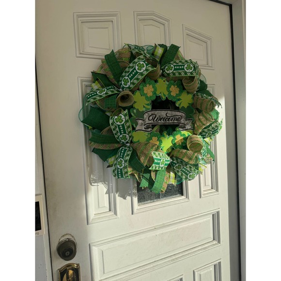 Welcome Shamrock Clover Saint Patrick’s Day Mesh Ribbon Wreath Door Hanger - Picture 8 of 9